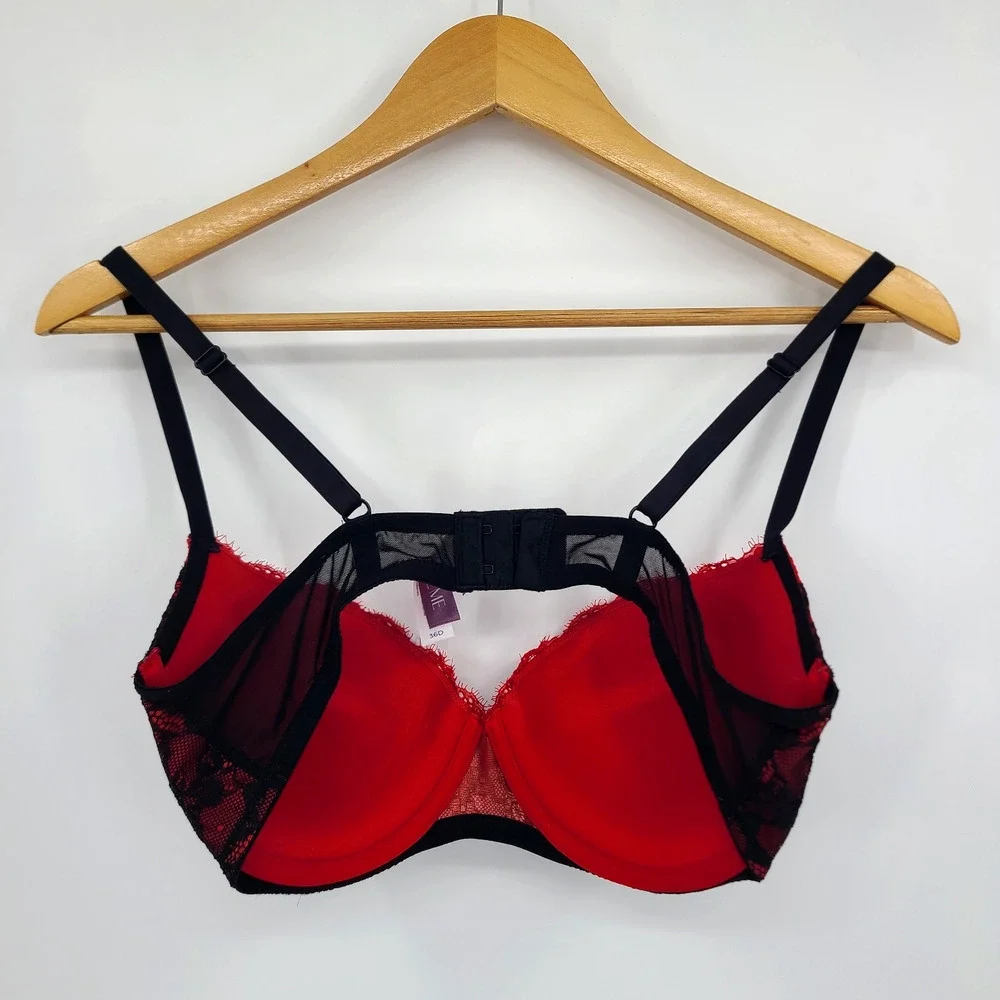 Adore Me Emanuelly Push Up Balconette Underwire Bra Red Black Lace Size 36D